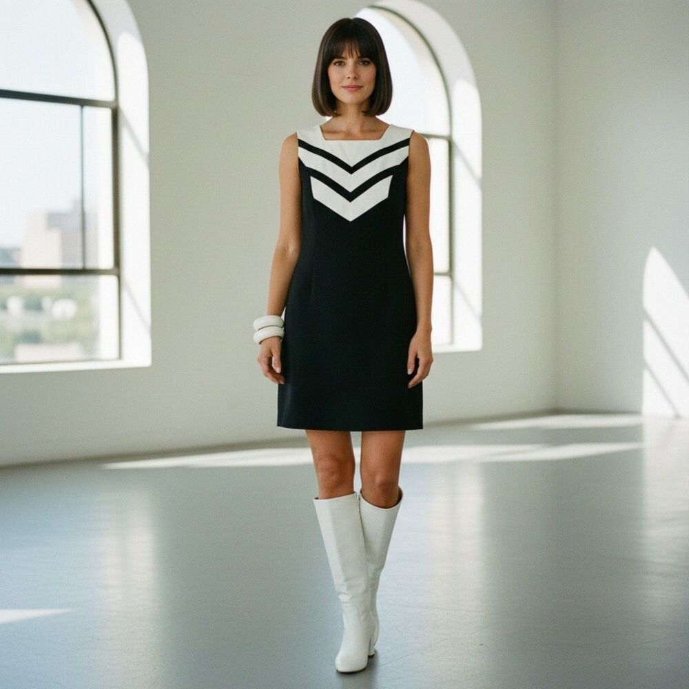 Vintage 60s Mod Style Chevron Mini Dress Shift Black White Size XS S Space Age